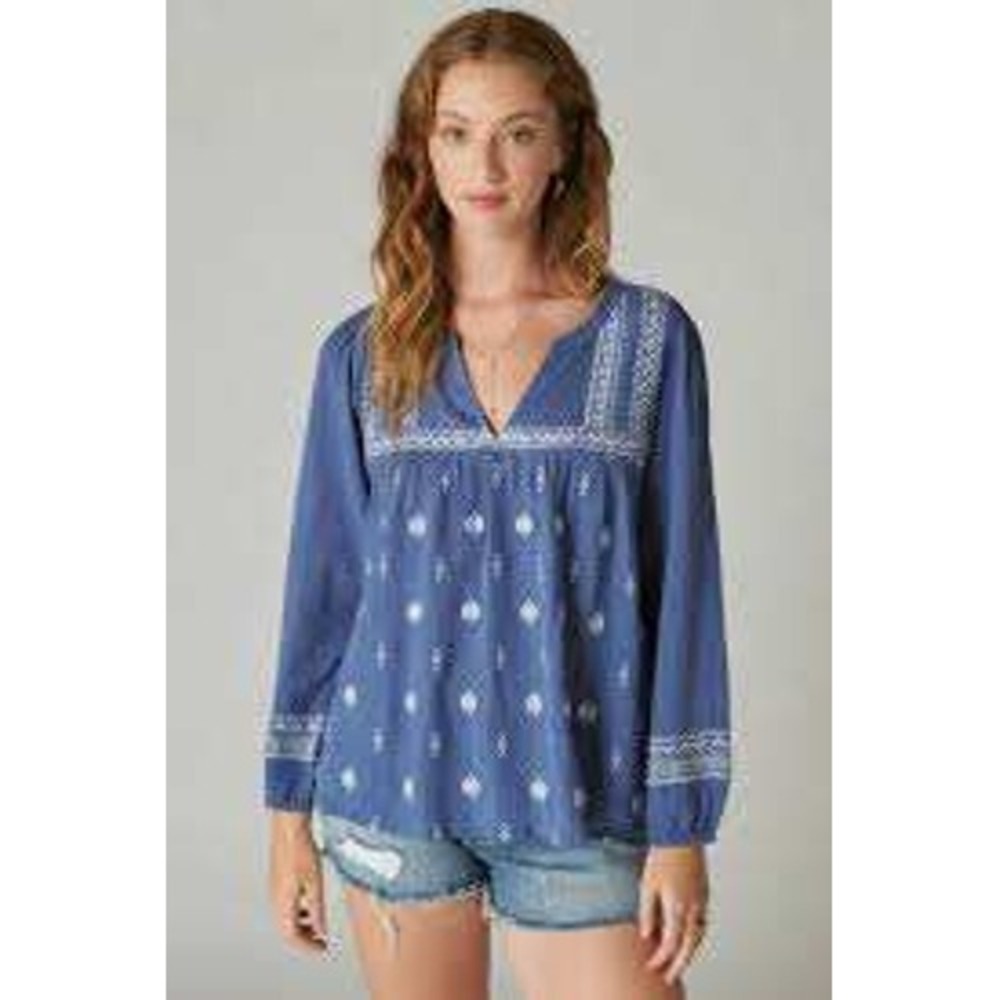 Lucky Brand Embroidered Peasant Top Blue L Womens Popover Boho Gauze Blouse - Picture 1 of 14